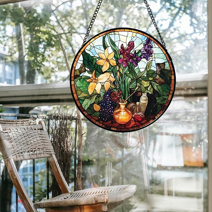 QZQCBLC Stained Glass Window Hanging Berry Plant Purple Yellow Flowers in Vase 6.3" - Suncatcher Door Garden Sun Catcher Home Decor Birthday Christmas for Mom Men Woman Nana