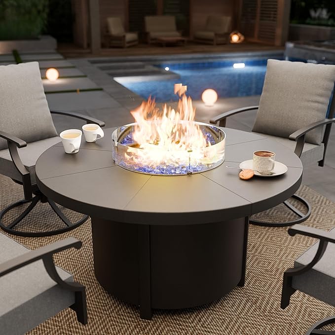 48" Round Propane Fire Pit,Steel Tabletop Fire Pit,55000 BTU Auto-Ignition Gas Fire Pits with Lid & Windproof Glass for Outdoor,Patio,Backyard