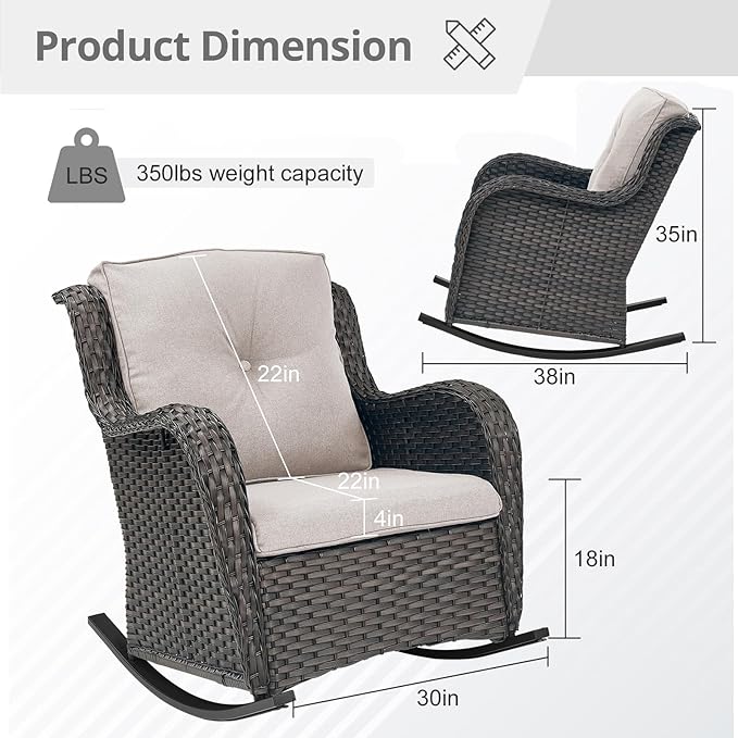 Patio Rocking Chairs Set of 2, Wicker Outdoor Rocking Chairs, Outdoor Gliders Patio Rockers for Porch, Deck, Yard, Sunroom, Garden, Brown Wicker/Beige Cushion