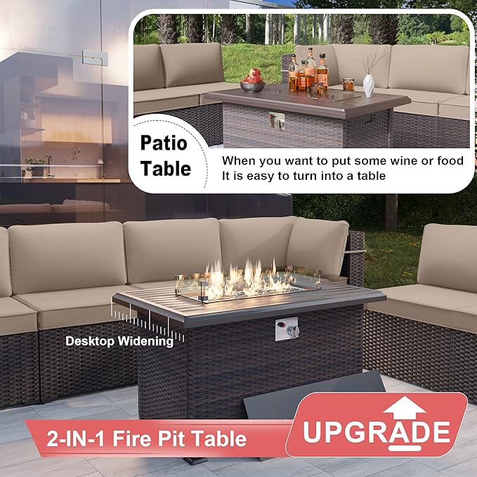 Kurapika 15 Pieces Patio Furniture Set, Rattan Wicker Outdoor Conversation Sets w/43in Propane Fire Pit Table and 4 Inch Cushion(Sand)