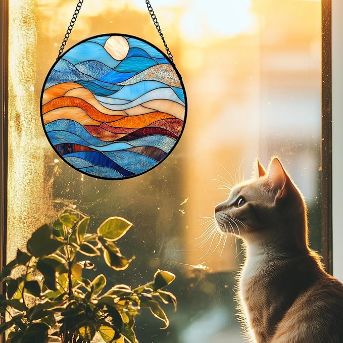 DASTOLL Stained Glass Window Hanging 4 Pcs Set Blue Orange Ocean Beach Theme Large 11.8" - Suncatcher Door Garden Sun Catcher Decor Birthday Christmas for Mom Woman Nana Men Wife