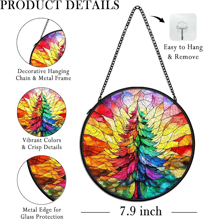 cvjutf Christmas Tree Suncatcher Stained Glass Window Hanging Decor, Colorful Xmas Tree Stained Glass Wall Decor, Christmas Garden Sun Catchers Indoor Window Hanging Wall Art Lawn, 7.9x7.9 Inch