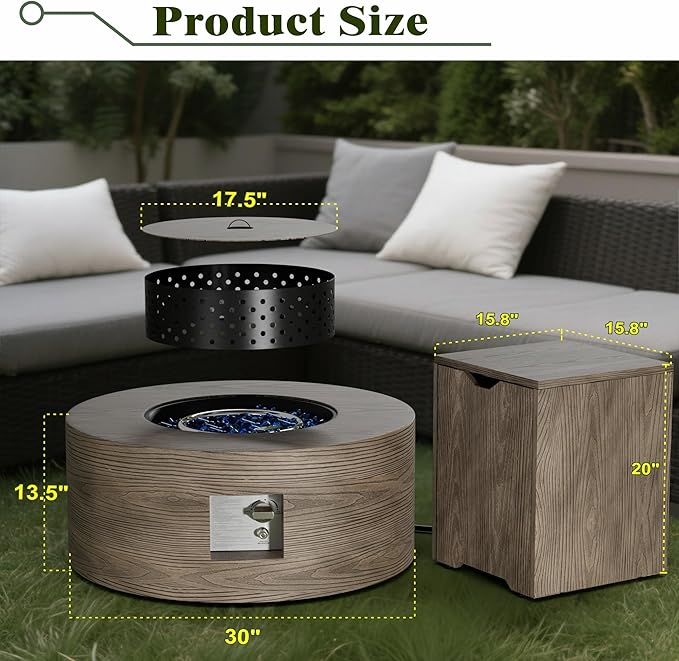 Dineli 2-Piece Outdoor Propane Fire Pit Table Set w Tank Table 30'' Round Fire Pit Table 2-in-1 Firepit Table for Outside Patio Gas Fire Pit Fireplace, 50,000 BTU, Brown with Wood Grain