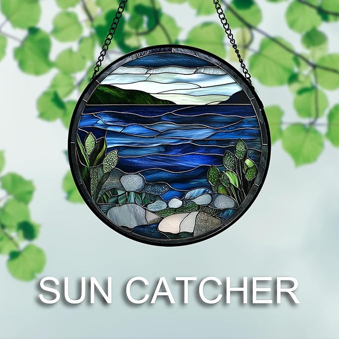 AMDERVEN Stained Glass Window Hanging 4 Pcs Set Navy Blue Ocean Landscape 9.8" - Suncatcher Door Garden Sun Catcher Decor Birthday Mother's Day for Mom Woman Nana Girl Boy Friend