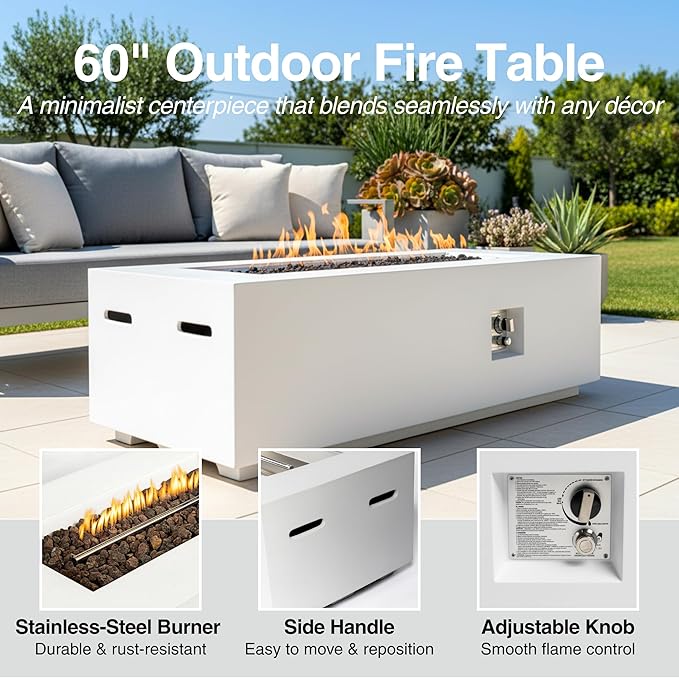 60-Inch Rectangular Outdoor Gas Propane Fire Pit Table,60,000 BTU Light Concrete Fire Table with Waterproof Cover, Tank Seat,Free Lava Rocks, for Outside Patio Backyard,White