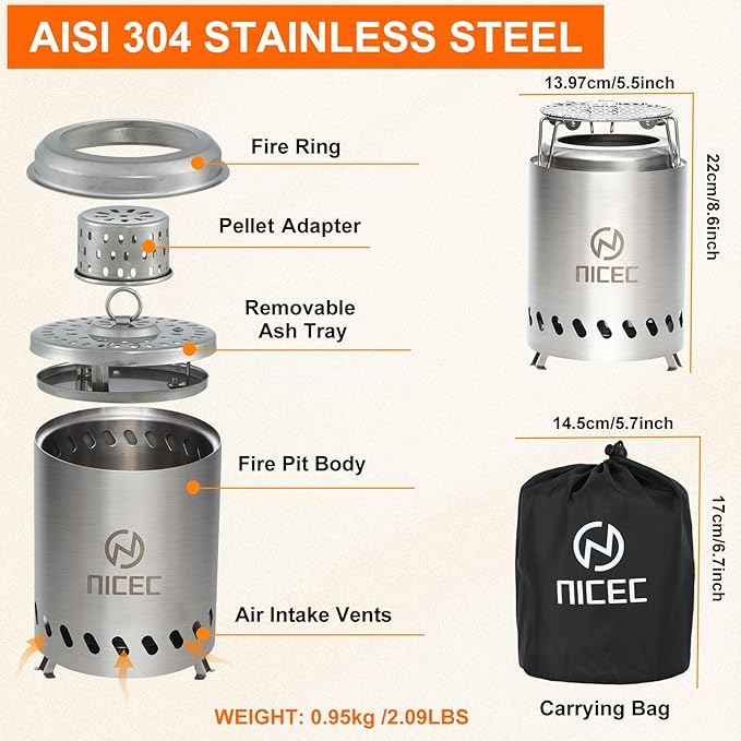Nice C Fire Pits, 5.5 Inch Smokeless Fire Pits, Portable Fire Pit, Outdoor Fire Pit, Tabletop Fire Pit, Wood Buring Fireplaces, Stainless Steel, with Grill Grate, Removable Ash Tray & Carry Bag