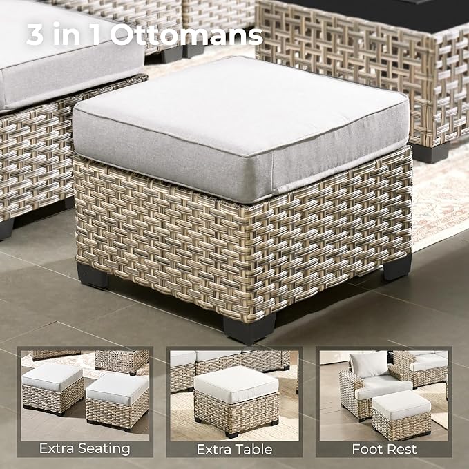 HOOOWOOO Outdoor Sectional Patio Furniture Set,7 Pieces Wicker Conversation Sets,Extra Deep Out Door Sofa Outside Furniture Couch with Ottoman,Light Gray