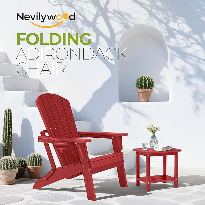 nevilywood Folding Adirondack Chair with Cup Holder Set of 2,HDPE All-Weather Patio Chairs,Plastic Outdoor Chairs- Looks Exactly Like Real Wood- Red