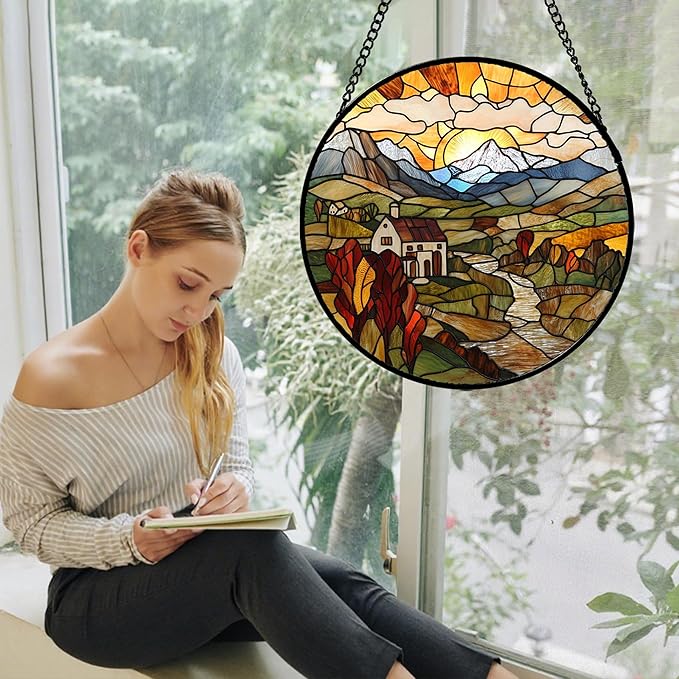 QZQCBLC Stained Glass Window Hanging Farm Pastoral Scenery 9.8" - Sunrise Suncatcher Door Garden Sun Catcher Home Decor Birthday Christmas for Mom Men Woman Nana Friend Wife