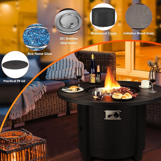 TLGREEN Propane Fire Pit Table 42in, 50,000 BTU Auto-Ignition Round Gas Fire Pits for Outside Patio, Fire Table with Waterproof Cover, Blue Stone and Lid