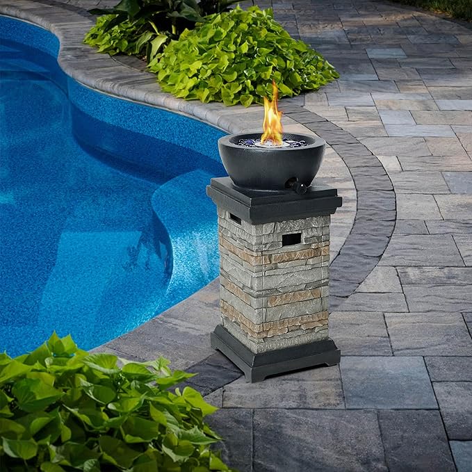 1Lb Bowl Gas Fire Pit, 10,000 BTU Propane Fire Pit, Outdoor Firepit for Outdside Patio w/Glass Rocks