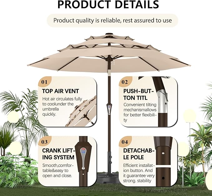 Ayge 9FT 3-Tier Large Outdoor Patio Umbrella Market Table Umbrella-UV Resistant,Easy Push Button Tilt and Crank,8 Sturdy Fiberglass Ribs Heavy-Duty Pool Umbrella for Deck,Backyard,Garden,Yard,Beige