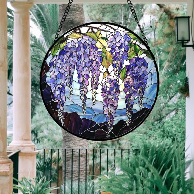 DASTOLL Stained Glass Window Hanging, Purple Wisteria Flowers Suncatcher for Doors Window Home Plant Sun Catchers Decoration Mother's Day Birthday Gifts for Women, Men, and Mom 11.8x11.8 in