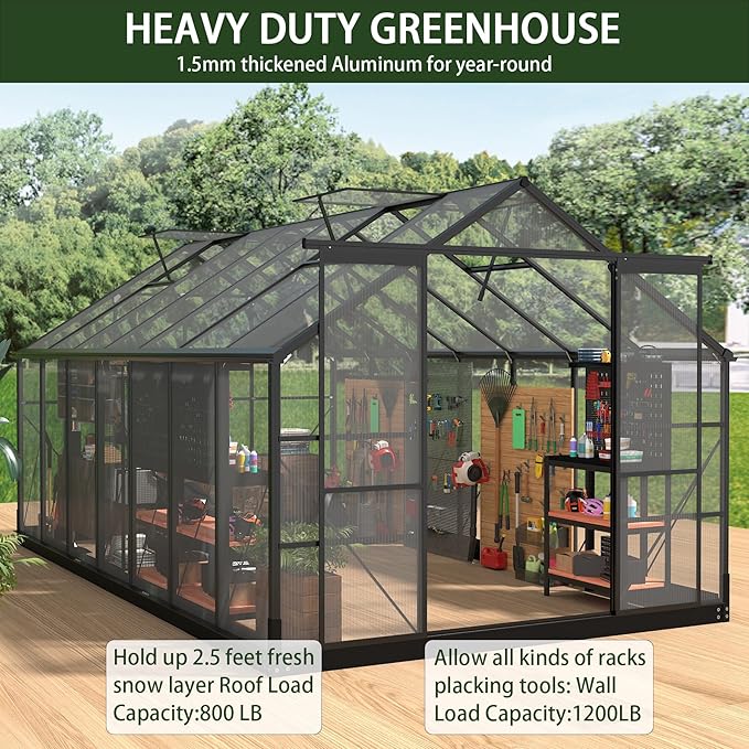 Polycarbonate Greenhouses, 8x16 FT Green Houses for Outside with Adjustable Roof Vents, Walk-in Aluminum Frame Greenhouse, Windproof, Garden(8x16FT)