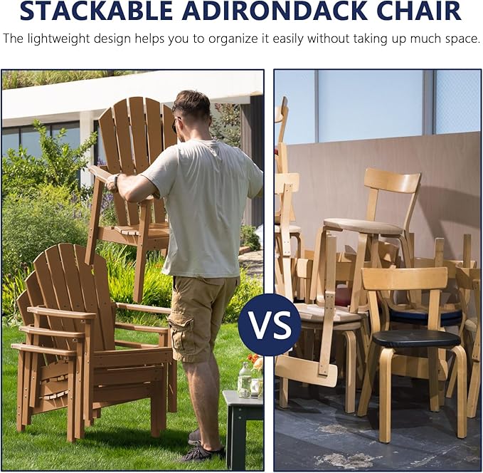 nevilywood Compact Stackable Adirondack Chairs Set of 2, 26.3" Wide HDPE Outdoor Patio Chairs - Durable, Space-Saving Design for Porch, Lawn or Garden, Teak