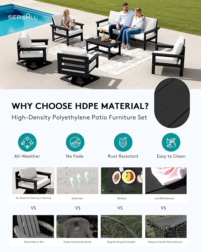 SERWALL HDPE Outdoor Patio Furniture Set, 8-Piece Outdoor Sectional Sofa with 2 Single Seat Swivel Sofas with Thick Cushions for Lawn, Deck, Black Frame with Beige Cushions