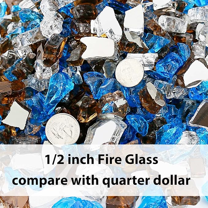 GRISUN Fire Glass Blended for Fire Pit, 1/2 Inch 10 Pounds High Luster Reflective Tempered Glass Rocks for Natural or Propane Fireplace, Safe for Outdoors and Indoors Fire Pit, Copper, Blue, White
