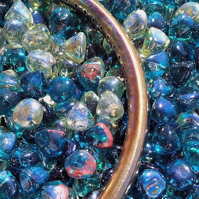 onlyfire 10-Pounds Fire Glass Diamonds for Propane Fire Pit, 1 Inch Blended Firepit Glass Rocks Stones for Gas Fireplace and Fire Pit Table - Cobalt Blue+Crystal Ice+Caribbean Blue…