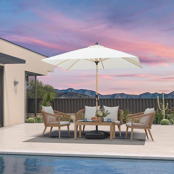 PURPLE LEAF 8' x 8' Square Outdoor Table Umbrella with Base Patio Umbrella Aluminum Market Umbrella with Push Button Tilt & Crank and 8 Ribs Outdoor Umbrella for Pool Backyard Beach, Cream