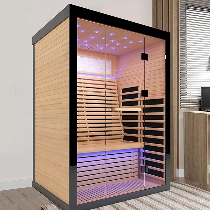2 Person Infrared Sauna for Home-Luxury Spa with Exclusive Star Sky Roof & Oxygen Bar, 8 Low EMF Graphene Heaters, Bluetooth