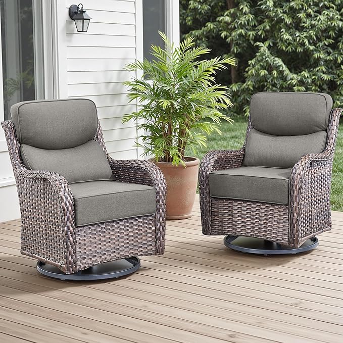 Rilyson Outdoor Patio Swivel Rocker Chairs Set of 2, Waterproof Wicker, High Back, Deep Seating, Wide Armrest, Upgraded 6 inch Thick Cushions, Ideal for Deck Porch Backyard, Brown/Grey