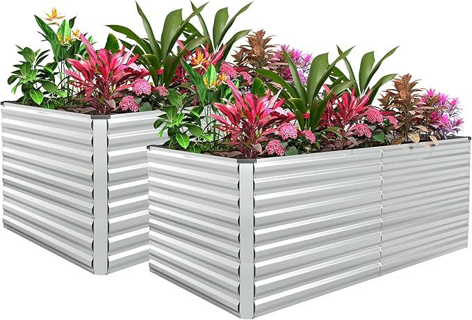 FOOWIN 2pcs 6x3x3ft Galvanized Raised Garden Bed, Planter Raised Garden Boxes Outdoor, Large Metal Raised Beds for Gardening, Garden Bed for Vegetables, Flowers, Herb, Silver