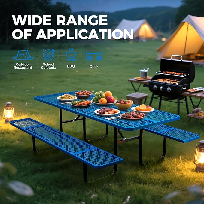 Rueekfil 72" Coated Picnic Table with Umbrella Hole, Heavy Duty Commercial Picnic Table for Outdoors, Family & Party Ready for School Camping, Rectangular, Blue