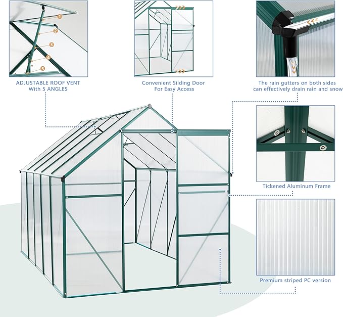 6×10 FT Polycarbonate Greenhouse for Outdoors with Raised Base & Anchor, Heavy-Duty Walk-in Aluminum Green House Kit with Sliding Door & Roof Vent, Outdoor Greenhouse for Backyard Garden, Green