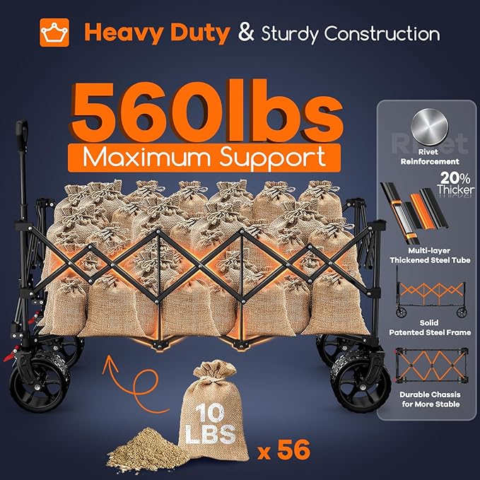 48" L Folding Beach Wagon Cart Foldable, 560lbs Weight Capacity 300L Heavy Duty Collapsible Wagons with Big All-Terrain Wheels, Utility Carts for Groceries, Shopping, Camping, Sports - Grey