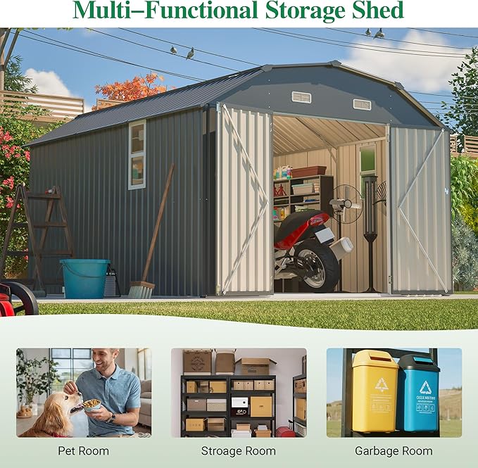 Outdoor Storage Shed, 10 X 12 FT Large Metal Utility Tool Sheds with Floor Frame & Windows, Steel Garden Shed with Updated Frame Structure for Backyard Patio Lawn, Grey
