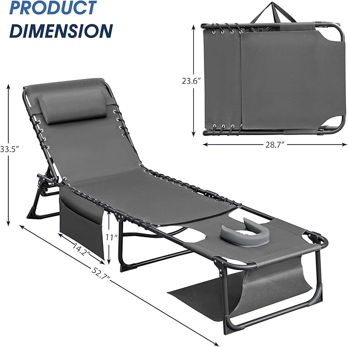 Flamaker Face Down Chaise Lounge Chair 5-Position Adjustable Sunbathing, Foldable Tanning Chair with Face& Arm Holes, Outdoor Recliner Chair for Pool, Beach, Patio, Lawn (Grey, 1 Pcs)