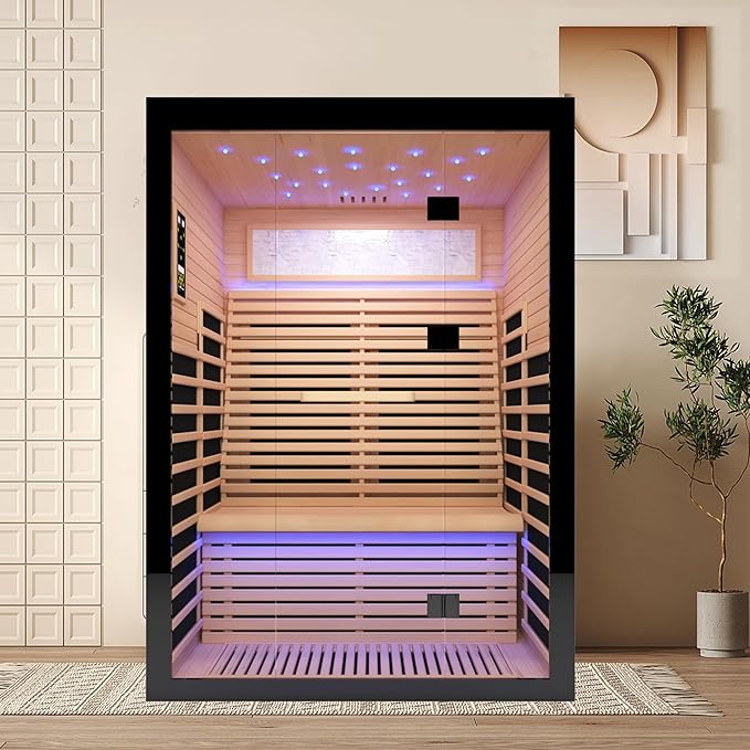 2 Person Infrared Sauna for Home-Luxury Spa with Exclusive Star Sky Roof & Oxygen Bar, 8 Low EMF Graphene Heaters, Bluetooth
