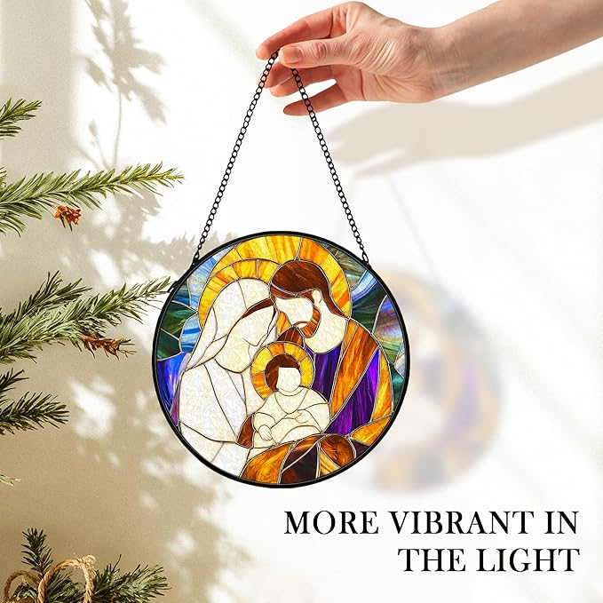 cvjutf Christian Baby Jesus Nativity Suncatcher Stained Glass Window Hanging Decor, Christian Christmas Stained Glass Wall Decor Gifts, Nativity Scene Garden Lawn Sun Catchers Window Art, 7.9x7.9In