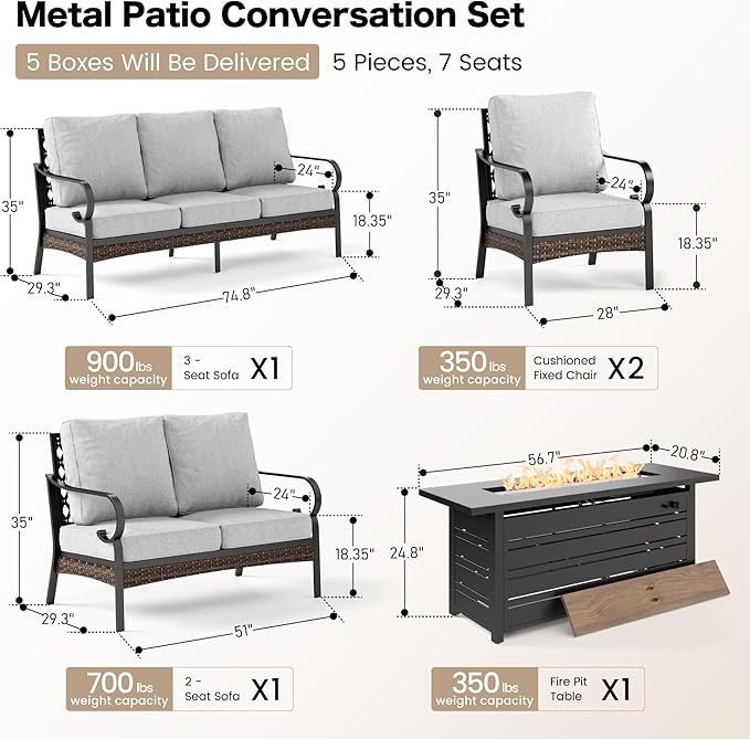 SUNSHINE VALLEY 5 PCS Metal Outdoor Patio Furniture Sets with Firepit Table, Patio Conversation Sets 1 3-Seater Sofa, 1 2-Seater Loveseat, 2 Single Sofa with 5.75" Cushion for Backyard, Light Gray