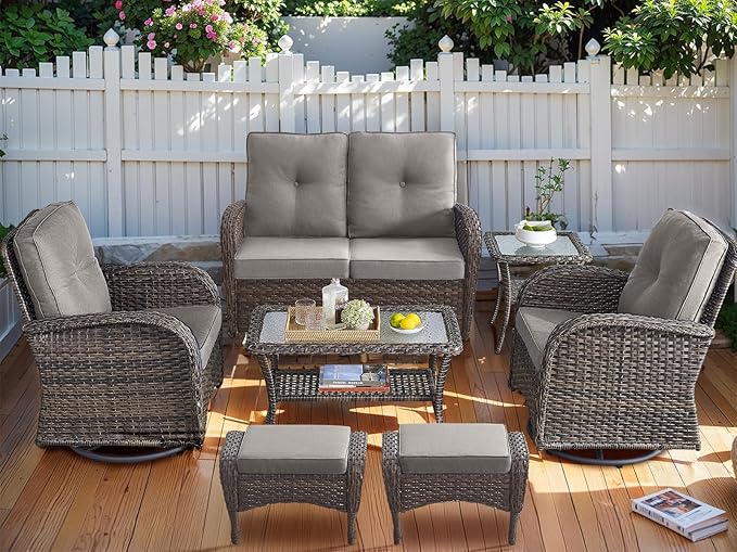 HUMMUH Patio Furniture 7-Piece PE Wicker Outdoor Conversation Set,All-Weather Rattan Swivel Chairs with Ottomans Glider Loveseat for Backyard,Poolside,Deck