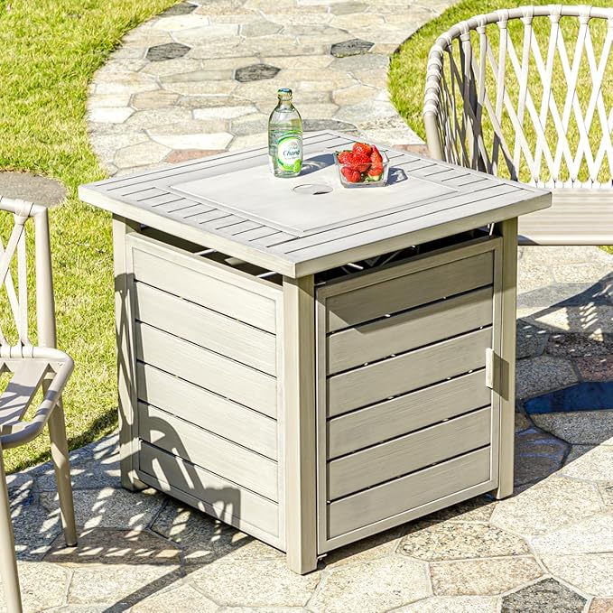28 Inch Propane Fire Pit Table, Outdoor Gas Fire Pits with Lid & Lava Rock, 50000 BTU Firepit for Dinning, Party in Outside, Patio, Garden or Yard (Light Grey)