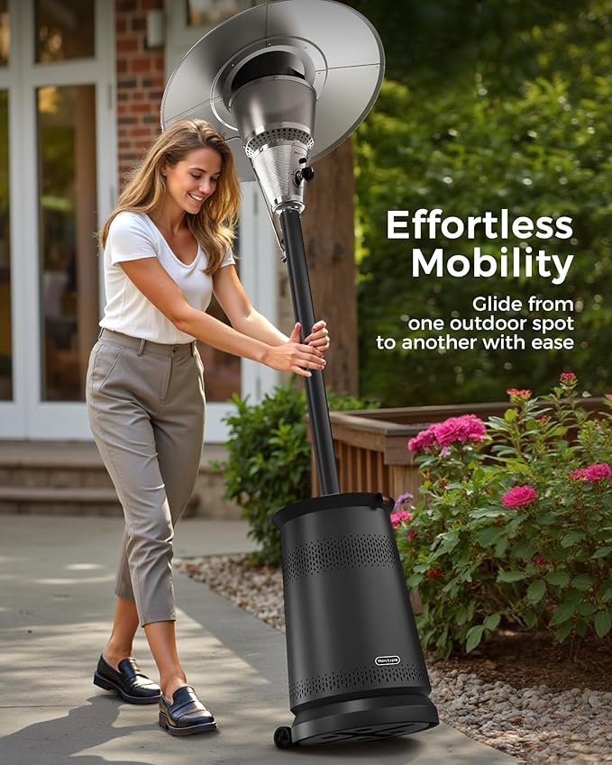 50,000 BTU Patio Heater for Outdoor Use With Adjustable Heat Focusing Top, Portable Propane Patio Heater with Wheels, Stainless Steel Burner for Porch, Deck, Garden, Commercial(Black)