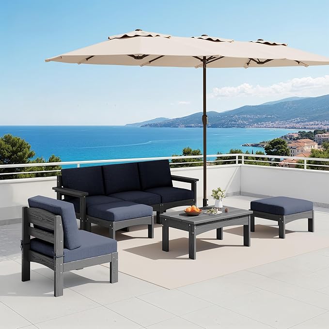 SERWALL 7-Piece Patio Sofa Set with 15FT Double Side Patio Umbrella, Outdoor Furniture Set, All-Weather HDPE Sectional Conversation Set, Large Modular Sofas for Garden, Grey Frame with Grey Cushion