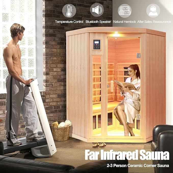 2-3 Person Infrared Saunas for Home, Low EMF Ceramic Infrared Sauna, Indoor Home Sauna Spa, Hemlock Wooden Corner Suana Room, Bluetooth Speakers, Chromotherapy Lights
