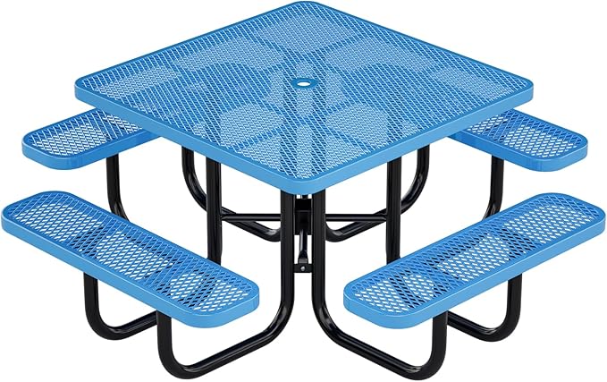 46" Square Top Outdoor Picnic Table Set for Up to 8 Persons, Outside Table Set with 4 Built-in Benches, Metal Commercial Grade Dining Furniture with Umbrella Hole for Garden, Backyard, Patio, Blue