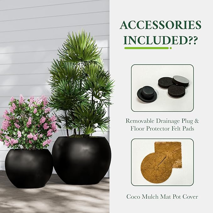DTY Signature Mount Sherman Modern Indoor Outdoor Fiberstone Sphere Planter, Durable Round Garden Pot, Weather Resistant, Drainage Hole & Rubber Plug, Planter for Christmas Tree - Large, Black