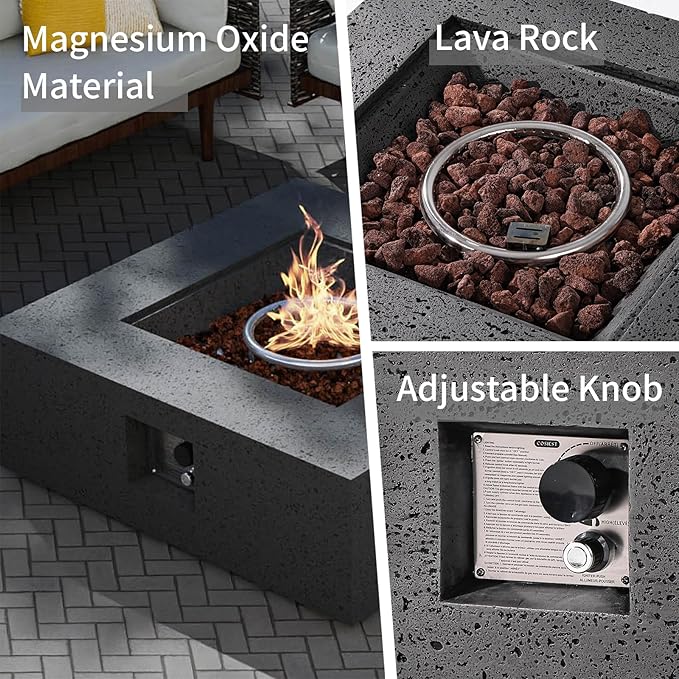 SUNBURY Outdoor Travertine Fire Pit Table, 35 inches Square Propane Gas Patio Fire Pit 50,000 BTU Concrete, Low Firepit Table with Lava Rocks, Waterproof Cover, Grey