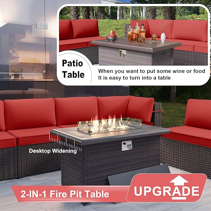 Kurapika 13 Pieces Patio Furniture Set, Rattan Wicker Outdoor Conversation Sets w/43in Propane Fire Pit Table(Red)