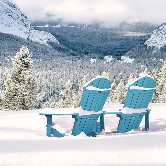 Adirondack Chairs Set of 4, All Weather Resistant Plastic Chairs with Cup Holder, 5 Easy Steps to Install, Outdoor Chairs for Patio, Garden, Backyard Deck, Lawn, Fire Pit - Lake Blue