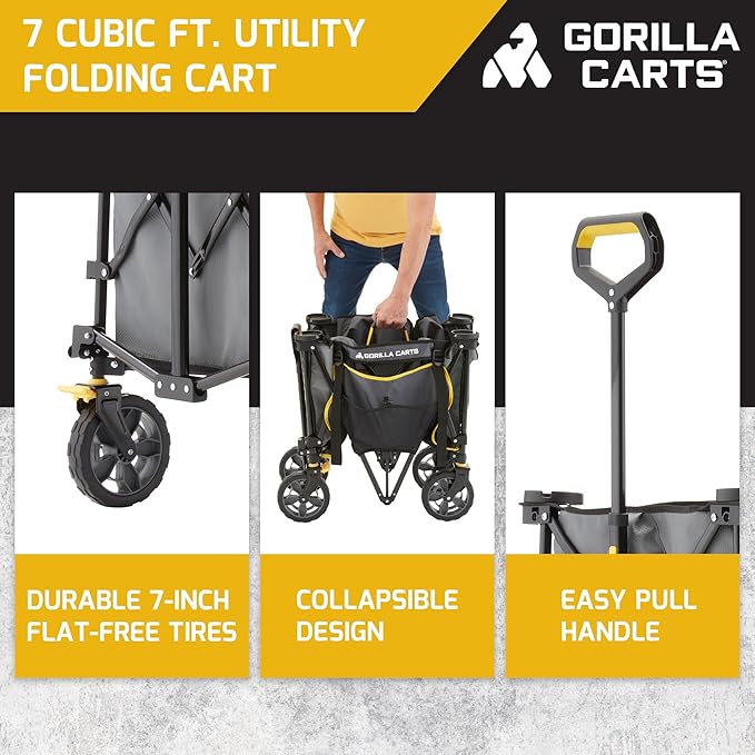 Gorilla Carts Collapsible Folding Outdoor Utility Wagon, 7 Cu Ft Oversized Bed, 150 lb Load Rating, Gray – Foldable Rolling Cart w/ Pockets & Cup Holders for Beach, Camping, Sports or Picnic