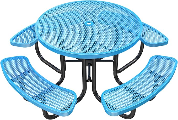 46" Round Top Outdoor Picnic Table Set for Up to 8 Persons, Outside Table Set with 4 Built-in Benches, Metal Commercial-Grade Dining Furniture with Umbrella Hole for Garden, Backyard, Porch, Blue