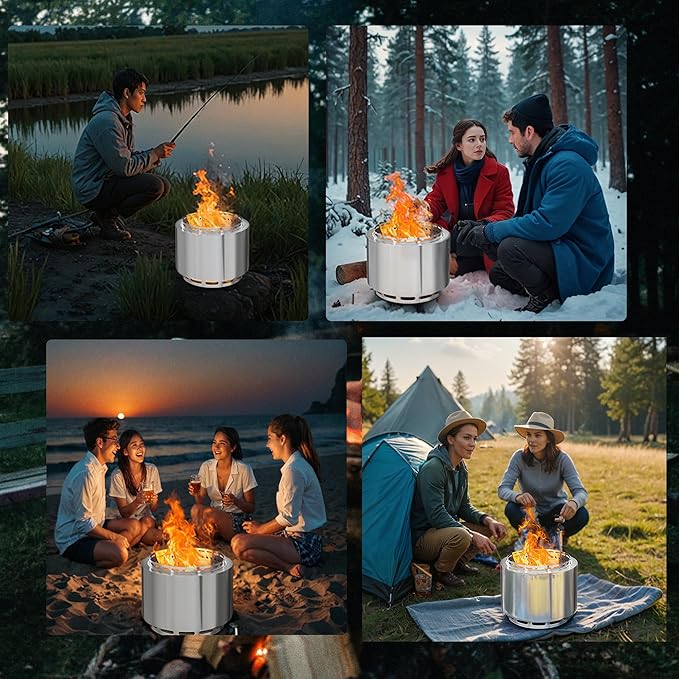19 Inch Smokeless Fire Pit, Portable Outdoor Stainless Steel Fire Pit for Patio Backyard Garden Camping, Smokeless Technology