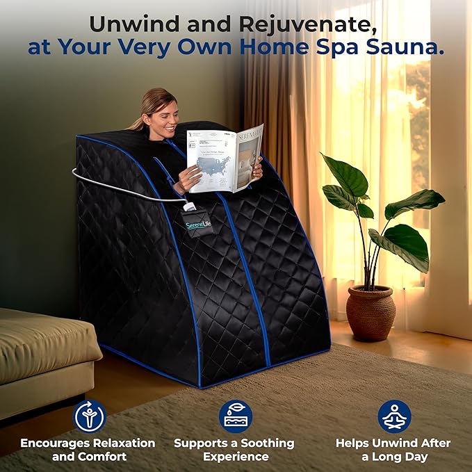 SereneLife Portable Sauna Box for Home, Infrared Sauna Tent with Heated Foot Pad and Folding Chair, Remote Control In-Home Spa, 38" x 32”