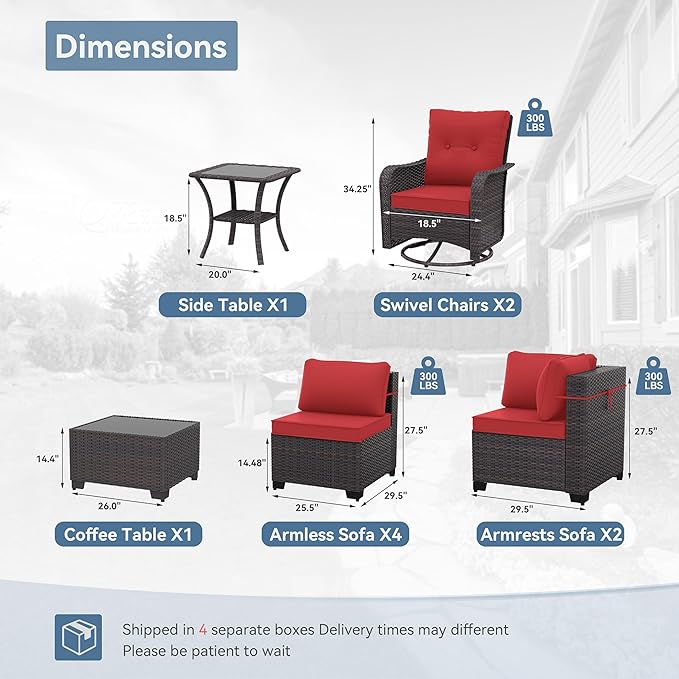 Kurapika 10 Pieces Patio Furniture Set, Rattan Wicker Sofa Set, Outdoor Conversation Sets w/Swivel Rocking Chairs Patio Sectional Sofa w/4 Inch Cushion, Red