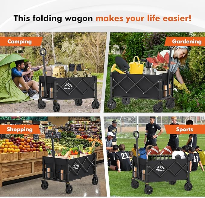 NWH Collapsible Wagon Cart with Wheels Foldable, 360lbs Large Capacity Portable Folding Utility Heavy Duty Beach Wagons Cart with All-Terrain Wheels for Shopping, Camping, Sports, Garden